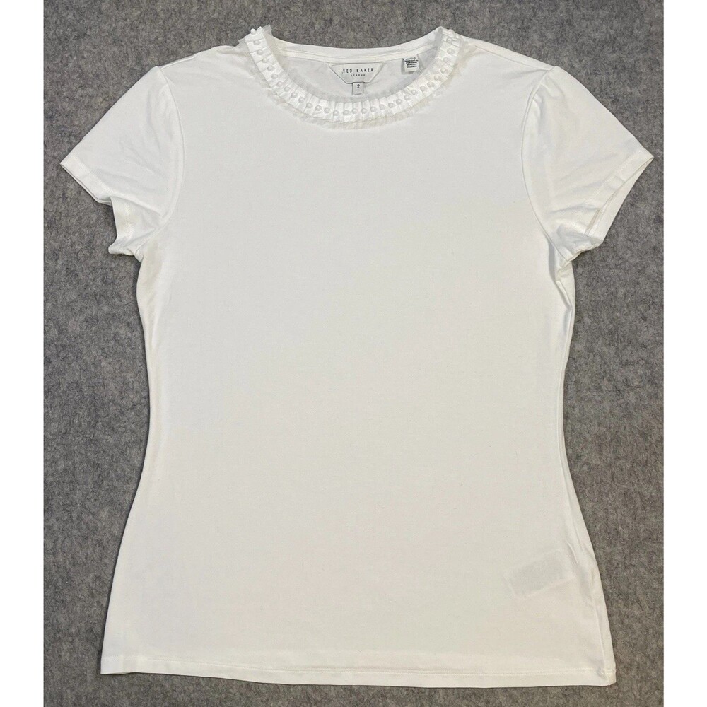 Ted Baker London White TopPleated Beaded collar Trim Ted Size 2/US 6
